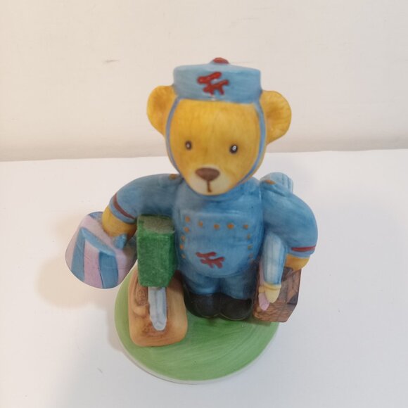 The Franklin Mint Fine Porcelain Max Bear Blue Bellboy 1986 Carrying Luggage - Picture 1 of 9